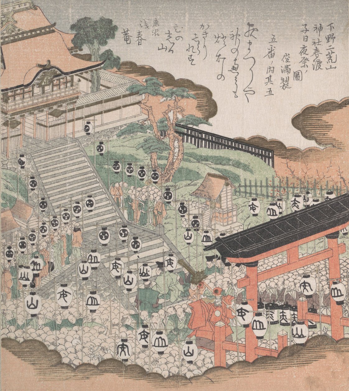 在福田原神社前观看节日舞蹈的人群，19世纪。 作者 久保顺曼
