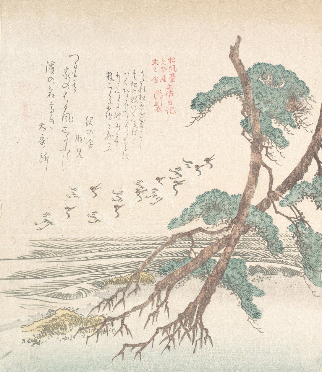 海边风景与松树和飞鹤，19世纪。 作者 久保顺曼