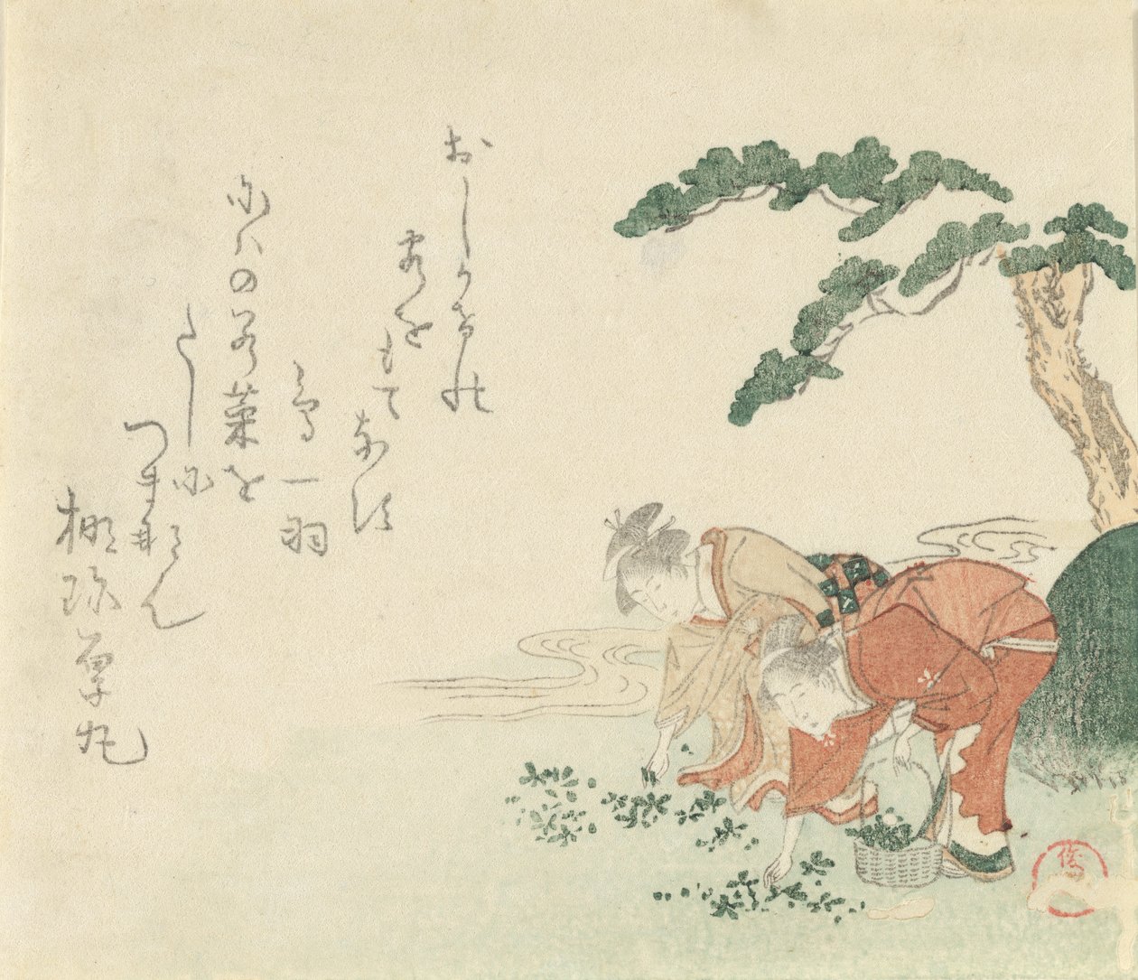 两个女孩收集新年的草药，1797年。 作者 久保顺曼