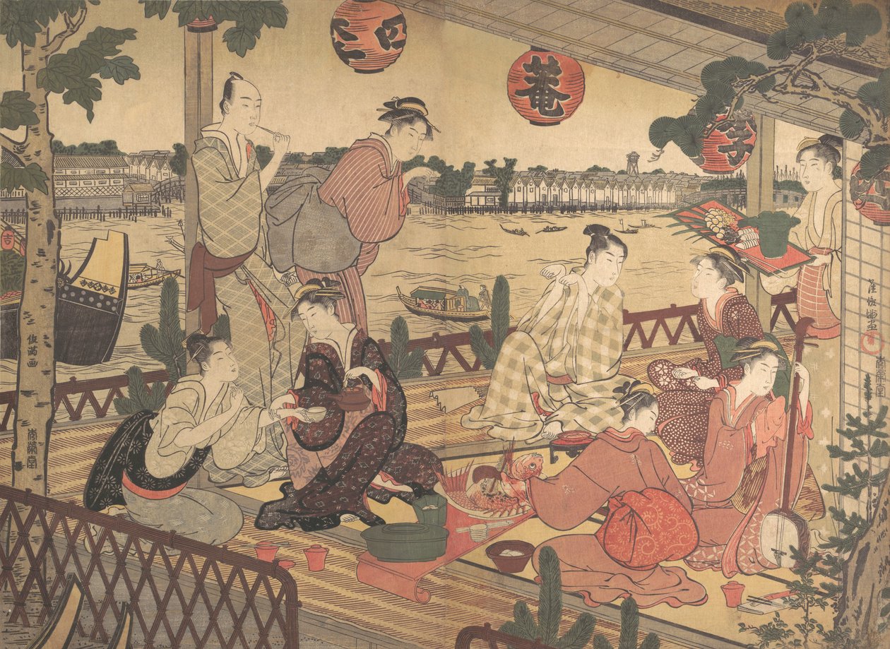 两个年轻人和几个女人在隅田川岸边的茶馆用餐，约1788年。 作者 久保顺曼