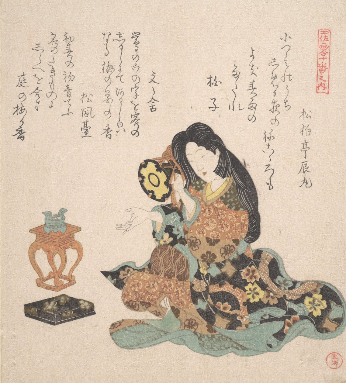 弹奏Tsuzumi的女人，约1800年。 作者 久保顺曼