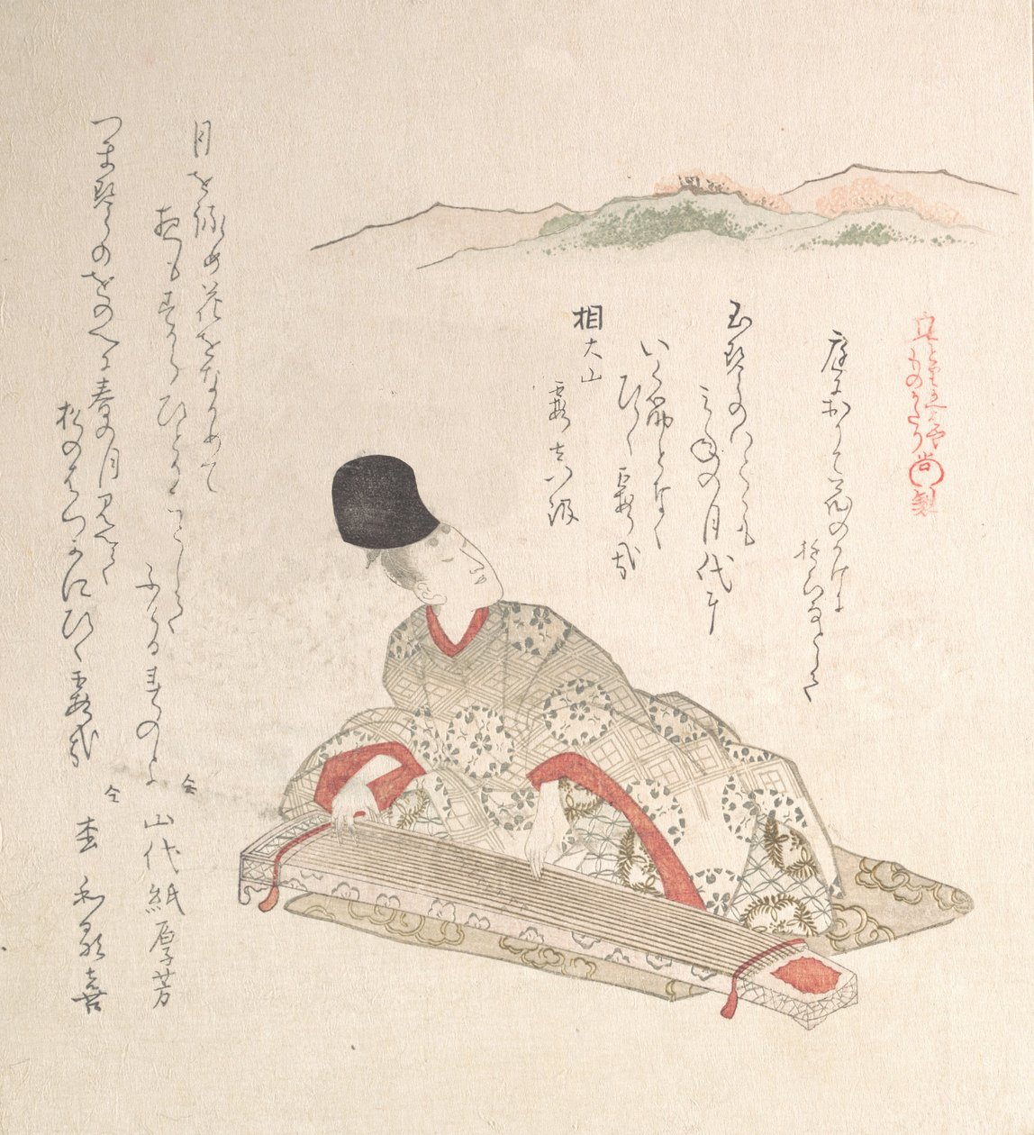 年轻贵族弹奏古筝，19世纪。 作者 久保顺曼