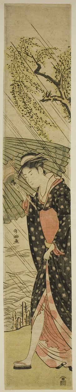 年轻女子雨中漫步河岸 作者 久保顺曼