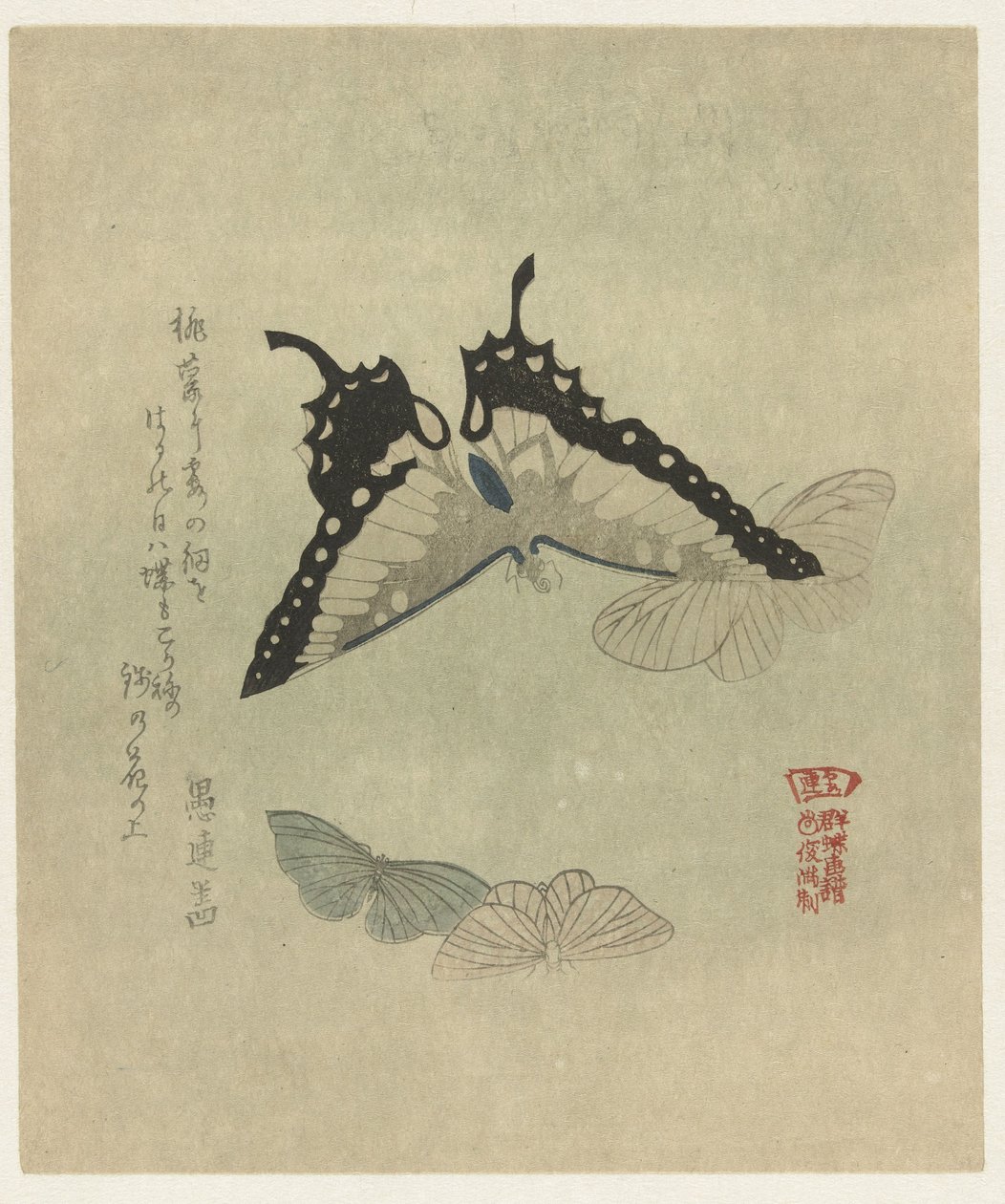 四只蝴蝶
为霞诗人协会创作的蝴蝶系列版画（系列名称）
Kasumiren gunchô gafu（实物上的系列名称） 作者 久保田顺满