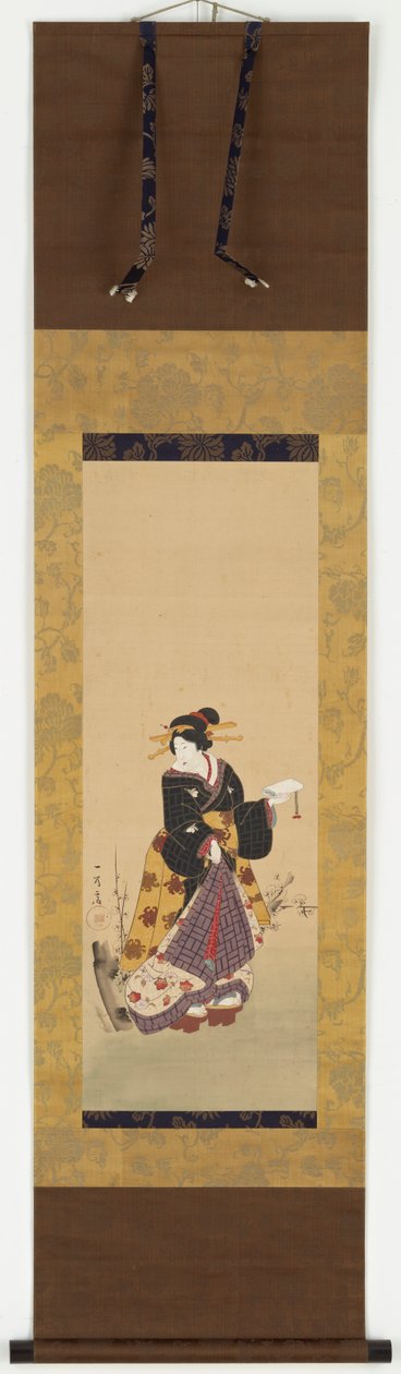 一个站在梅树旁的花魁，19世纪中期。 作者 歌川邦之