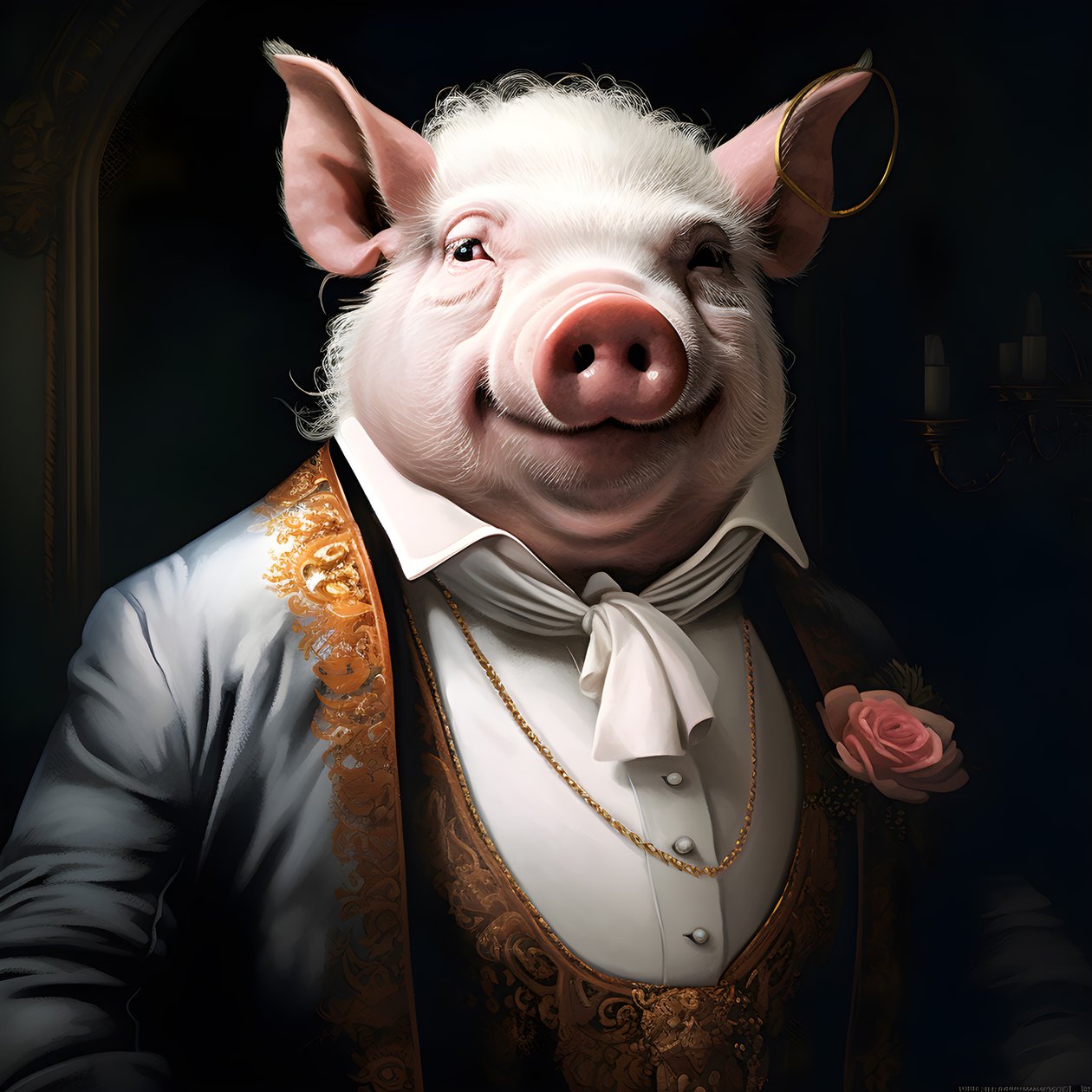 Kalter und herrschsuechtiger anthropomorpher Schweineplantagenbesitzer, stechende Augen, fetter molliger Koerper, Zigarre in der Hand, exquisiter schicker suedlaendischer weißer Anzug und Weste, Taschenuhr an einer Kette, Monokel, weißer Filzhut,  Nahaufna 作者 库尔特赫普克