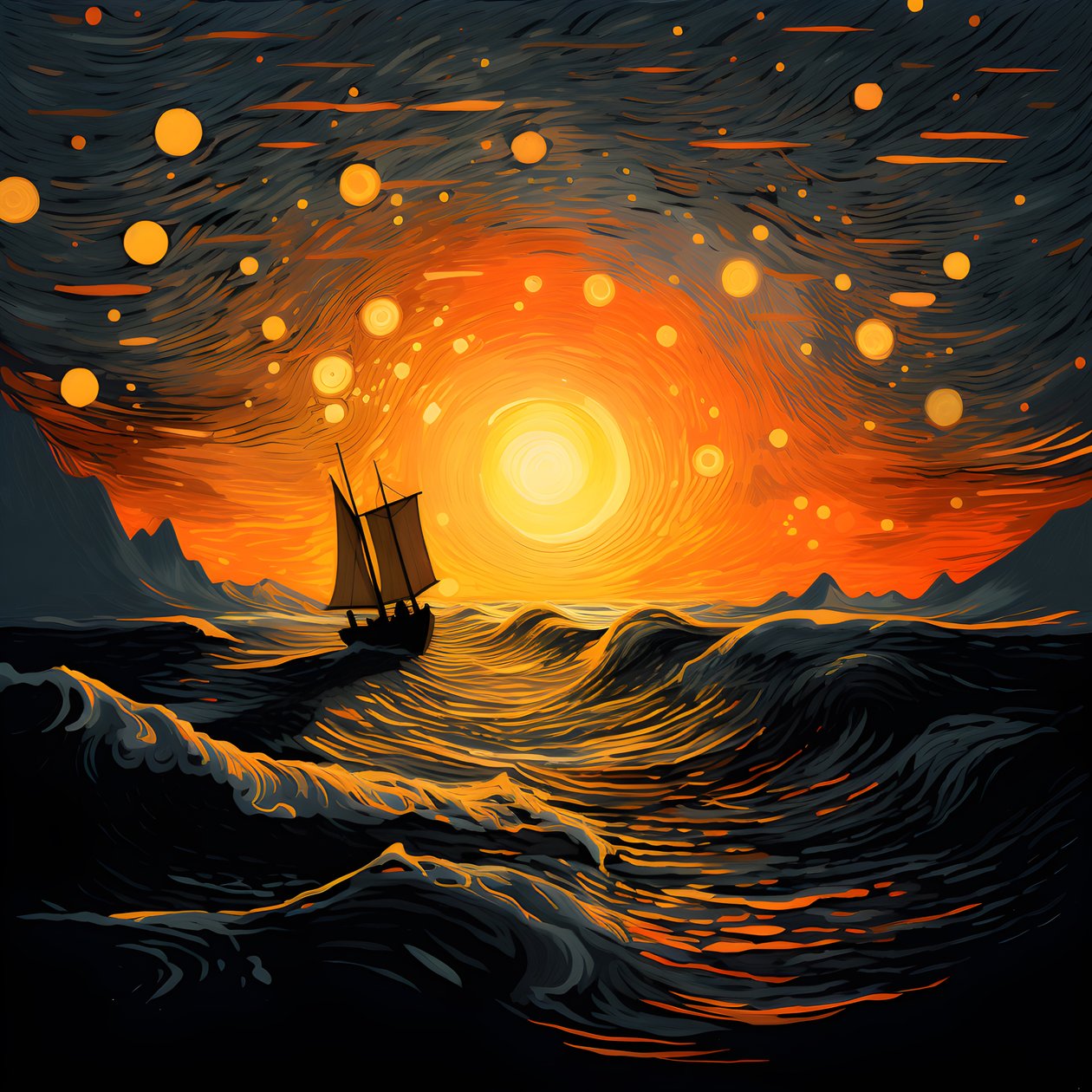 夕阳，橙黄色的太阳，云彩，大天空中五个旋转的云圈，针尖的波浪和橙黄色的晚霞倒映在海浪上，一艘船出海1 作者 库尔特赫普克