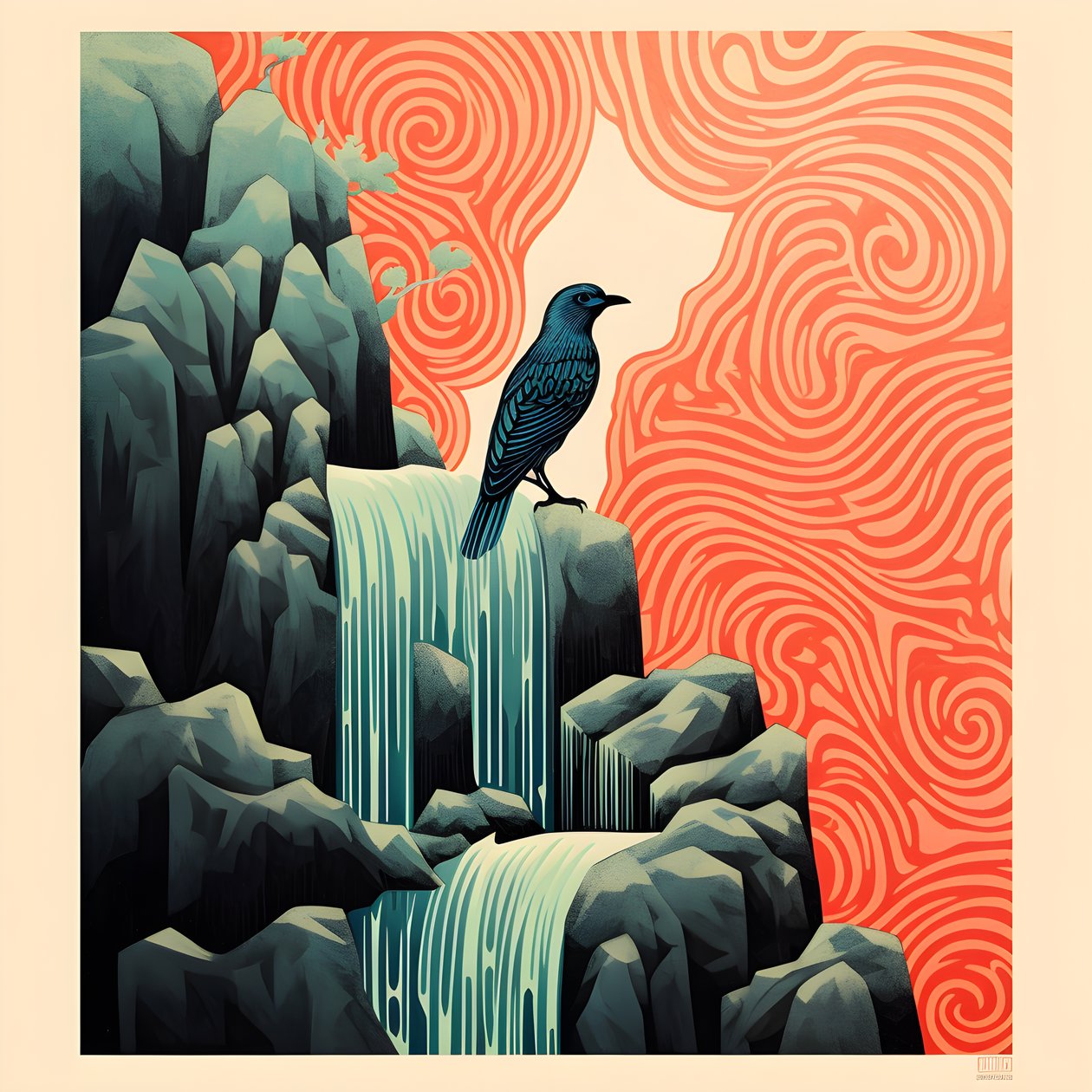 超简约的插图，一只色彩缤纷的热带鸟坐在山涧前的枝状植物上，有美丽的瀑布 3 作者 库尔特赫普克