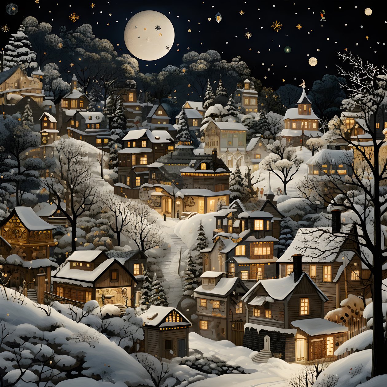 夜晚的村庄在白雪覆盖的树下 2 作者 库尔特赫普克