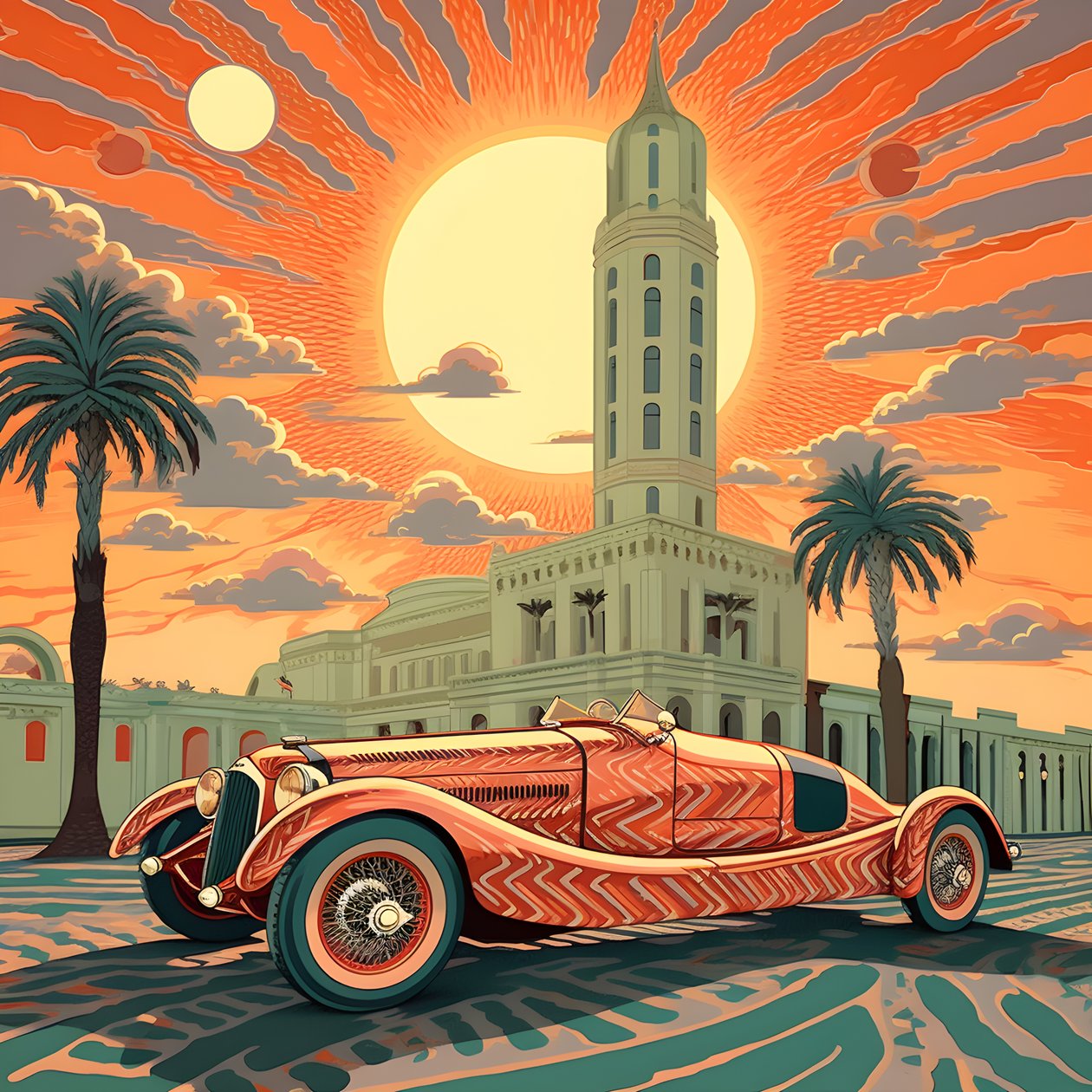 美丽、优雅、简约、绗缝杰作，采用 Shepard Fairey 的艺术风格::1 纪念 1940 年摩纳哥大奖赛，历史悠久的赛车相互竞争。 2 作者 库尔特赫普克