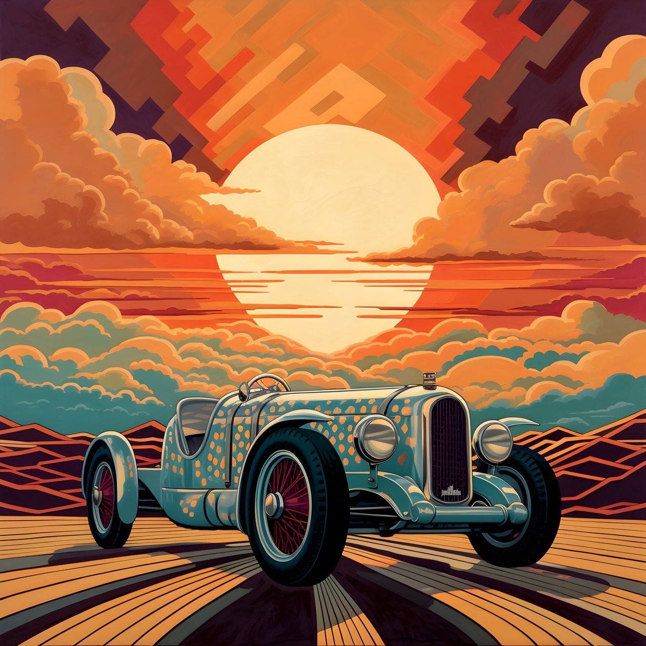 美丽、优雅、简约、绗缝杰作，采用 Shepard Fairey 的艺术风格::1 纪念 1940 年摩纳哥大奖赛，历史悠久的赛车相互竞争。 3 作者 库尔特赫普克