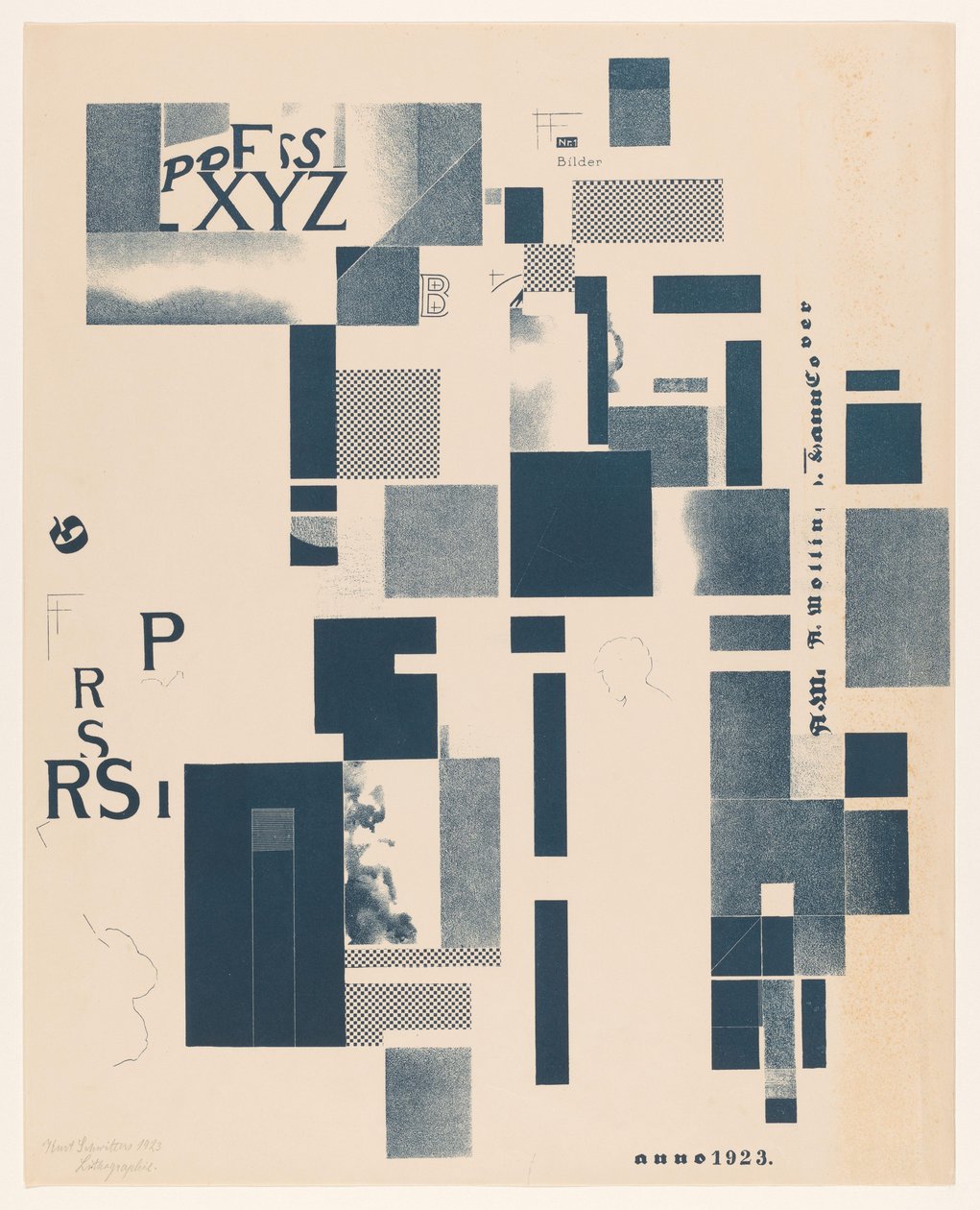 与印刷元素的组合 作者 Kurt Schwitters（艺术家签名）