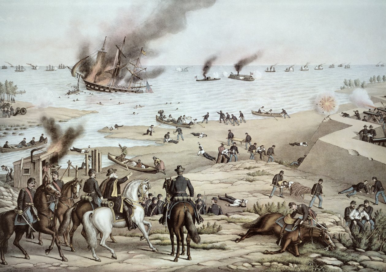 1862 年 3 月 9 日，美国内战期间，“监视器”号在汉普顿湖战役中与 CSS“梅里马克”号战斗（彩色石版画） 作者 库兹和艾莉森