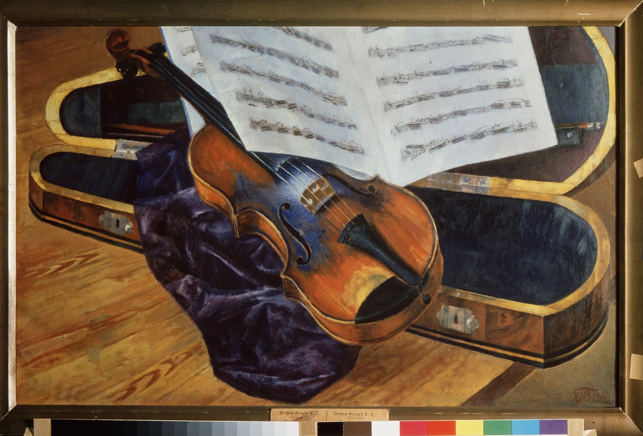 Violon dans un etui（盒装小提琴）。库兹马-谢尔盖耶维奇-彼得罗夫-沃德金（彼得罗夫-沃德金）（Kouzma Petrov Vodkine）（彼得罗夫-沃德金）（1878-1939 年）的绘画，纸上水彩。 作者 库兹马·谢尔盖维奇·彼得罗夫·伏特金