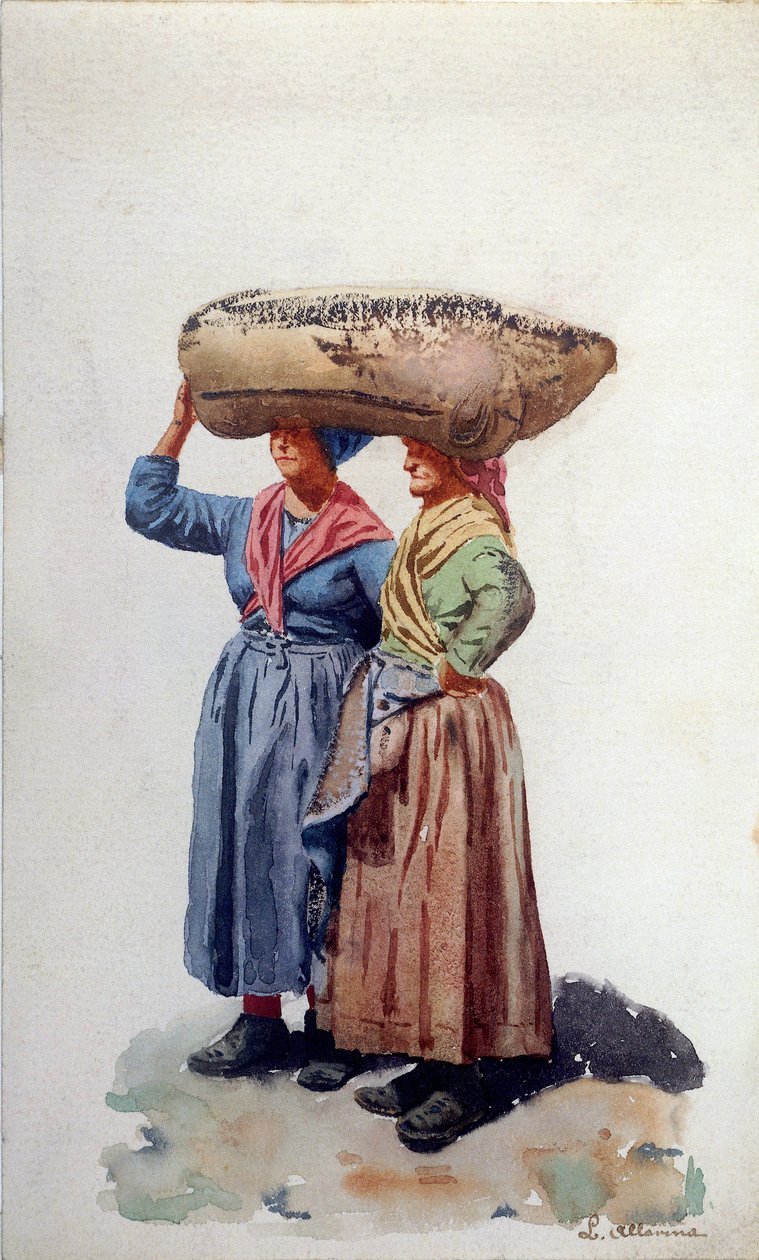Two women dock workers at Genoa port, c.1890 (watercolor on paper) 作者 L.阿拉维纳