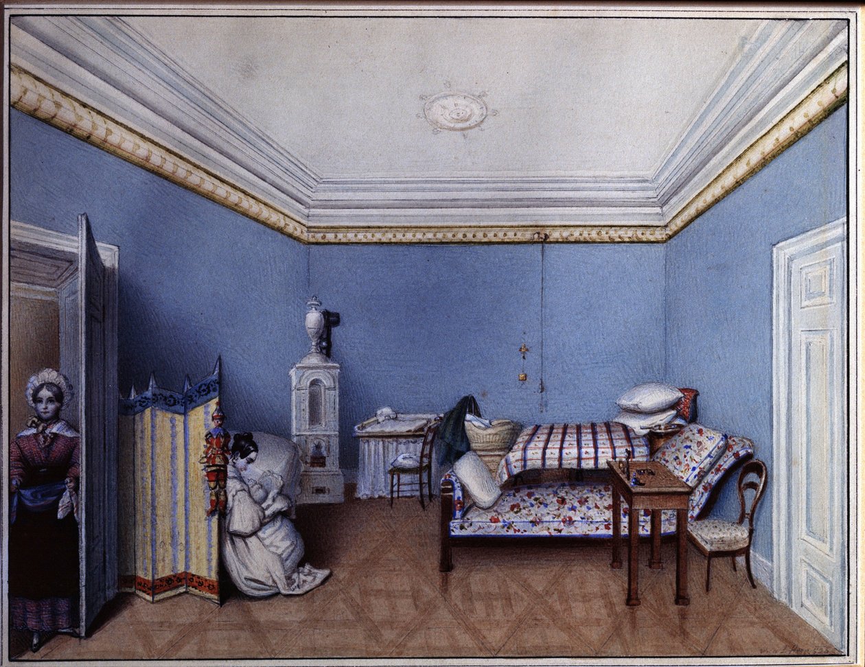 "卧室里 "水彩画，作者 L. Hern（19 世纪），1835 A.圣彼得堡普希金纪念博物馆 作者 赫恩