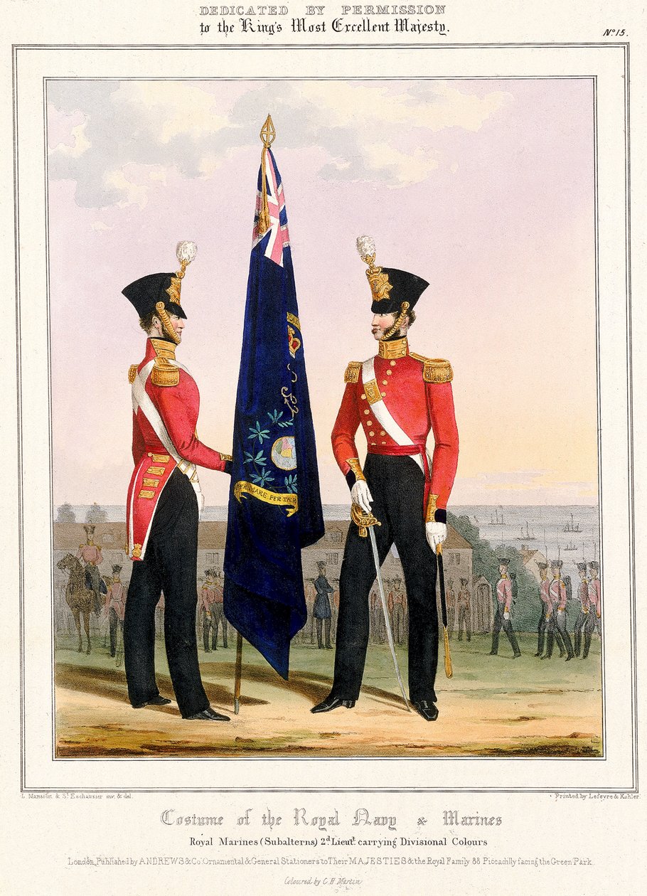 皇家海军和海军陆战队服装。英国皇家海军陆战队 2d.中尉，约 1832 年（彩色石版画） 作者 L.和Eschauzier St. Mansion