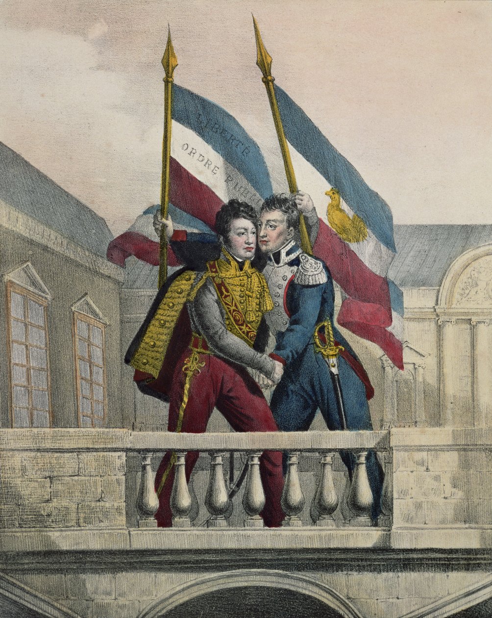1830年7月30日，奥尔良公爵在皇宫（Palais-Royal）的露台上拥抱拉法耶特将军并提升全国色彩 作者 拉巴斯肽