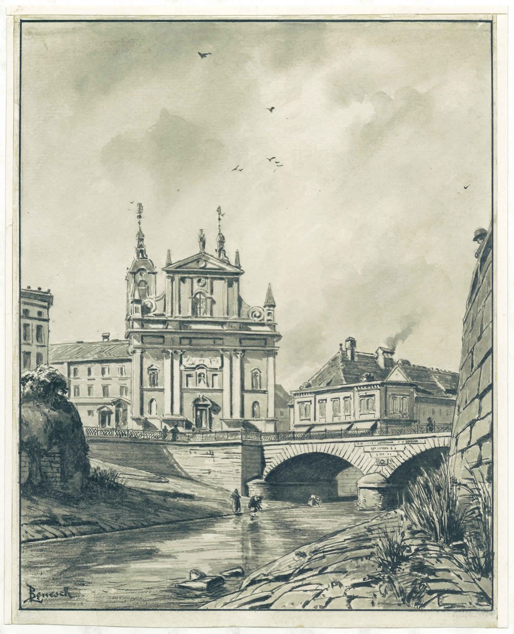 Ljubljanica，法郎桥梁和方济会教会看法在卢布尔雅那 作者 拉迪斯拉夫·贝内施