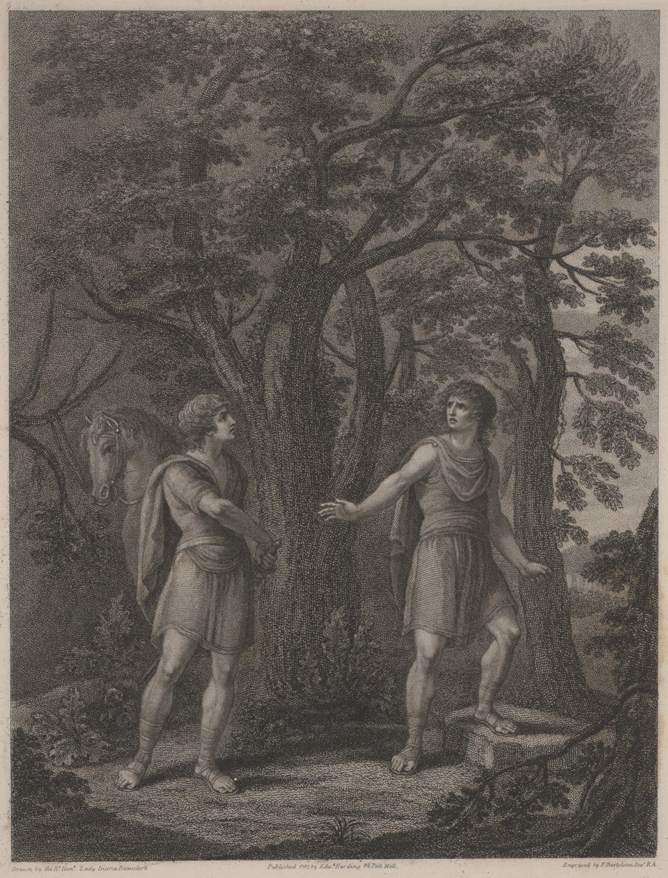 弗朗切斯科·巴托洛佐（Francesco Bartolozzi 1797）所作的插图为“帕拉蒙和阿尔凯特”的插图（点刻） 作者 戴安娜夫人（后）Beauclerk