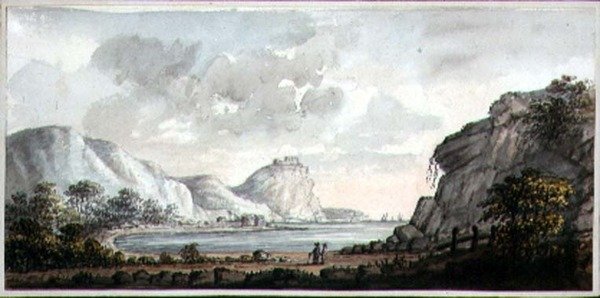 俯瞰海湾的风景与两个人物，约1825年（纸上水彩画） 作者 埃格顿夫人