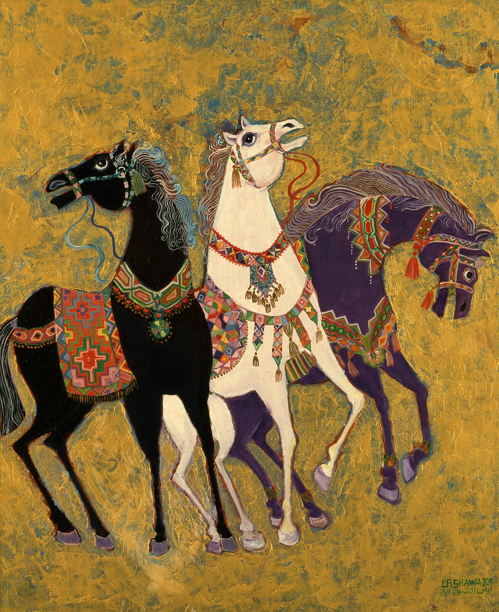3匹马，1975年（丙烯酸船上） 作者 莱拉·沙瓦（Laila Shawa）