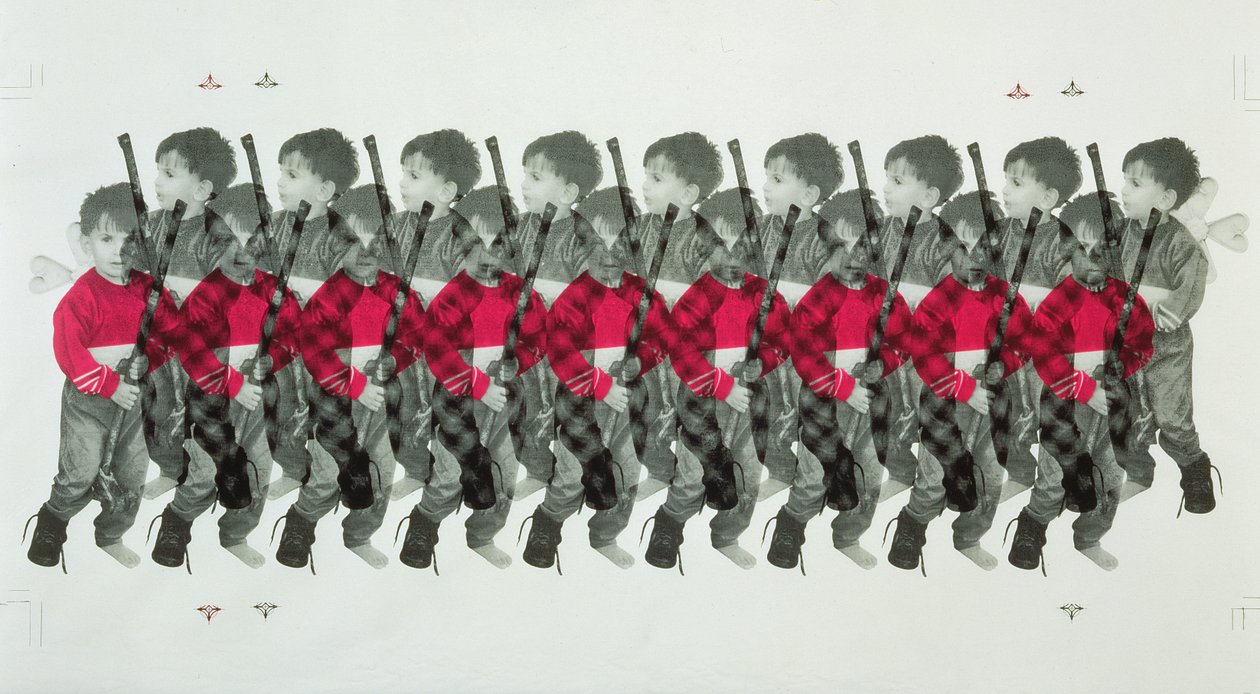 男孩士兵，1996年（棉花上的丝网印刷） 作者 莱拉·沙瓦（Laila Shawa）