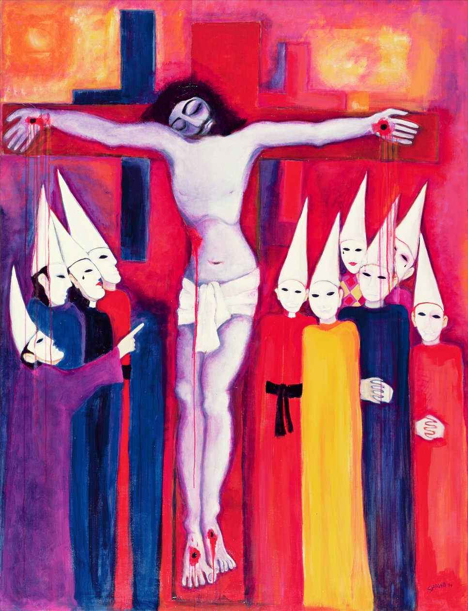 基督与政治家，2000年（画布上的丙烯酸） 作者 莱拉·沙瓦（Laila Shawa）