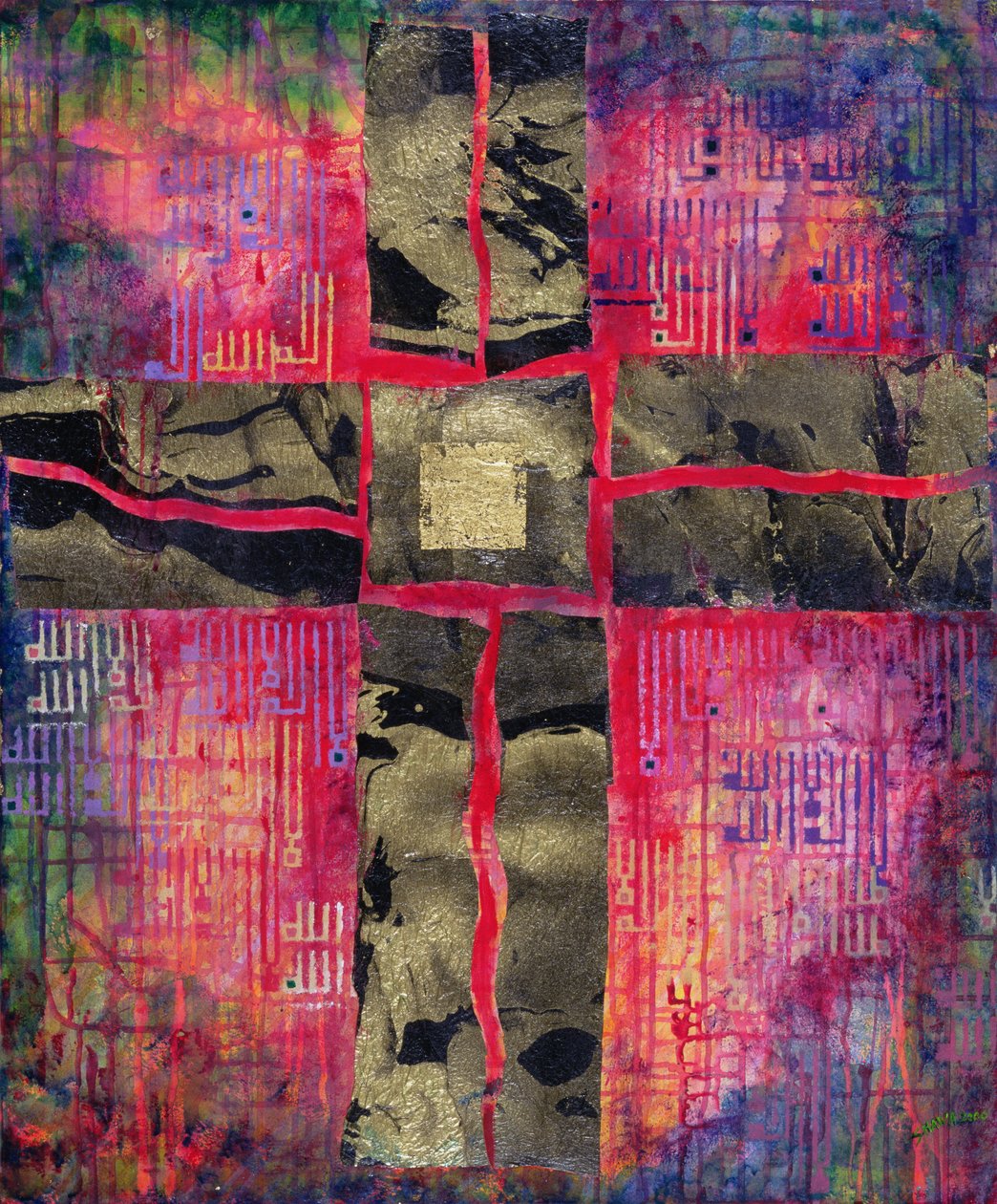 Divided Cross，2000（帆布上的丙烯酸和金箔） 作者 莱拉·沙瓦（Laila Shawa）