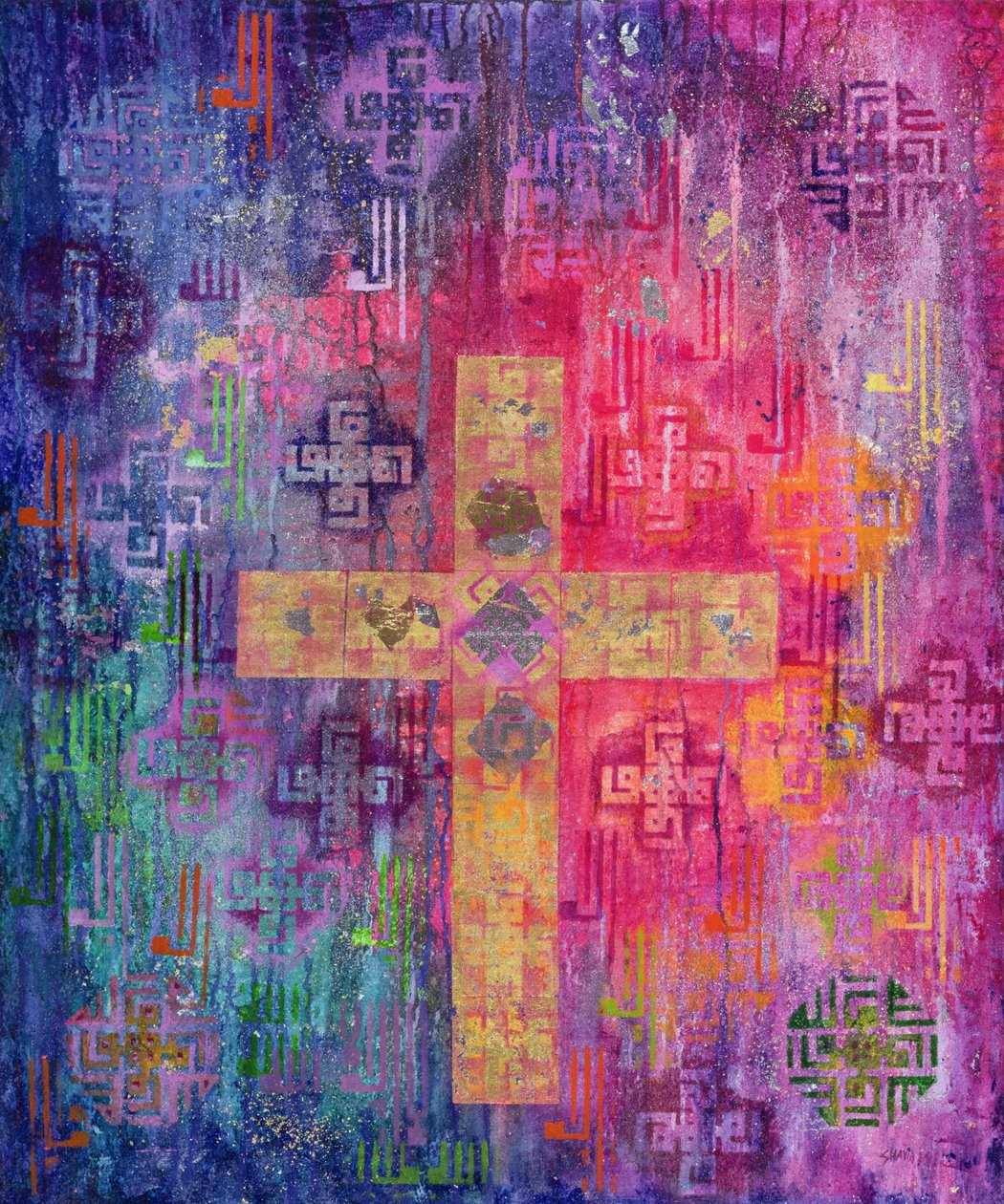 东十字，2000（画布上的丙烯酸和金箔） 作者 莱拉·沙瓦（Laila Shawa）