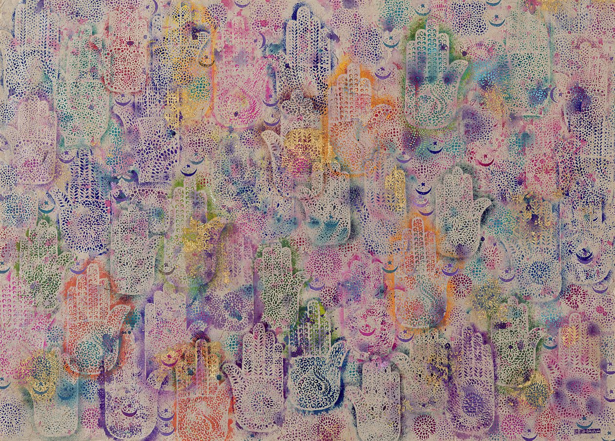 法蒂玛之手，1999年（纸上的丙烯酸和金箔） 作者 莱拉·沙瓦（Laila Shawa）