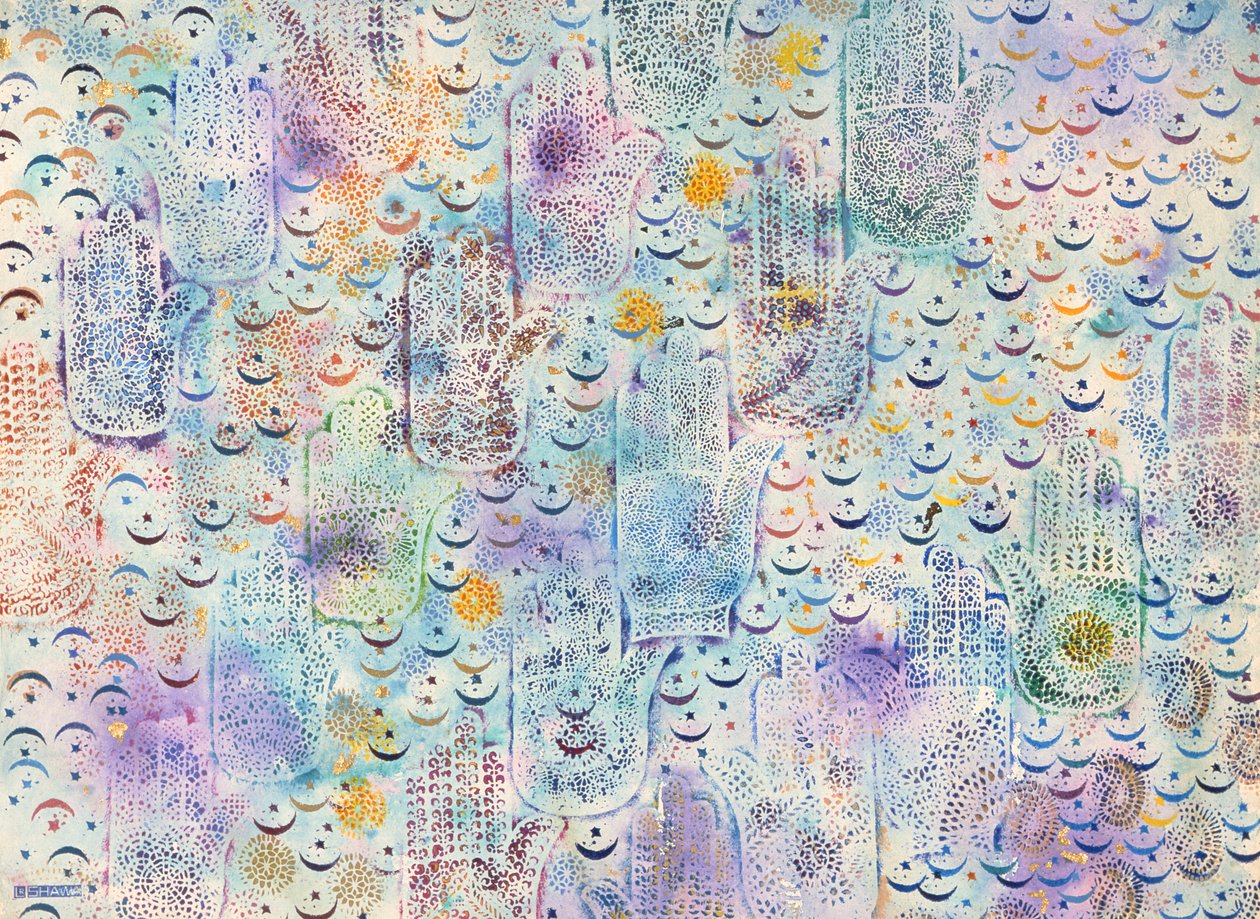 法蒂玛之手，1999年（纸上丙烯酸和金色颜料） 作者 莱拉·沙瓦（Laila Shawa）