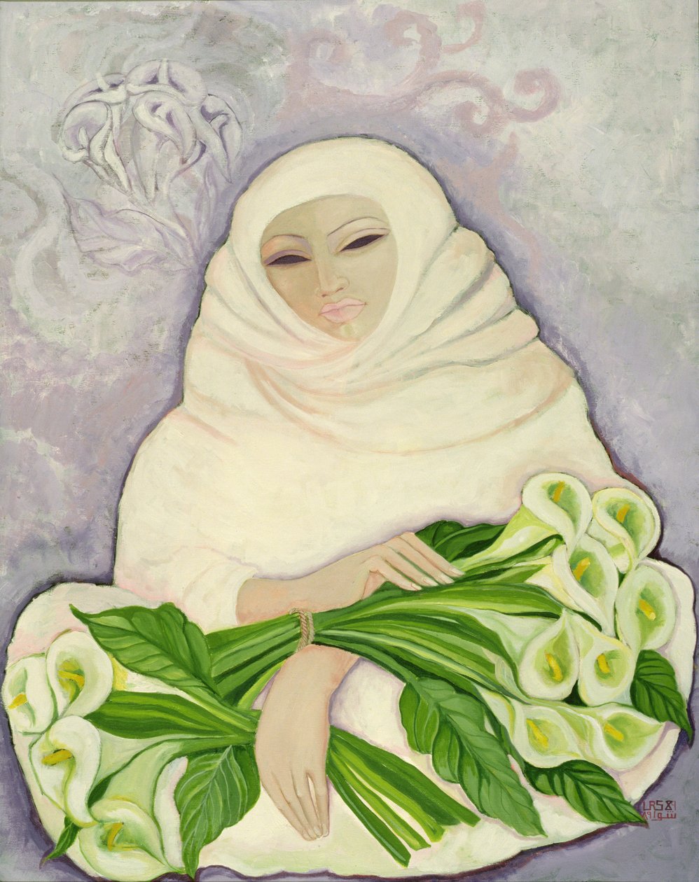 百合卖家，1989年（丙烯画布） 作者 莱拉·沙瓦（Laila Shawa）
