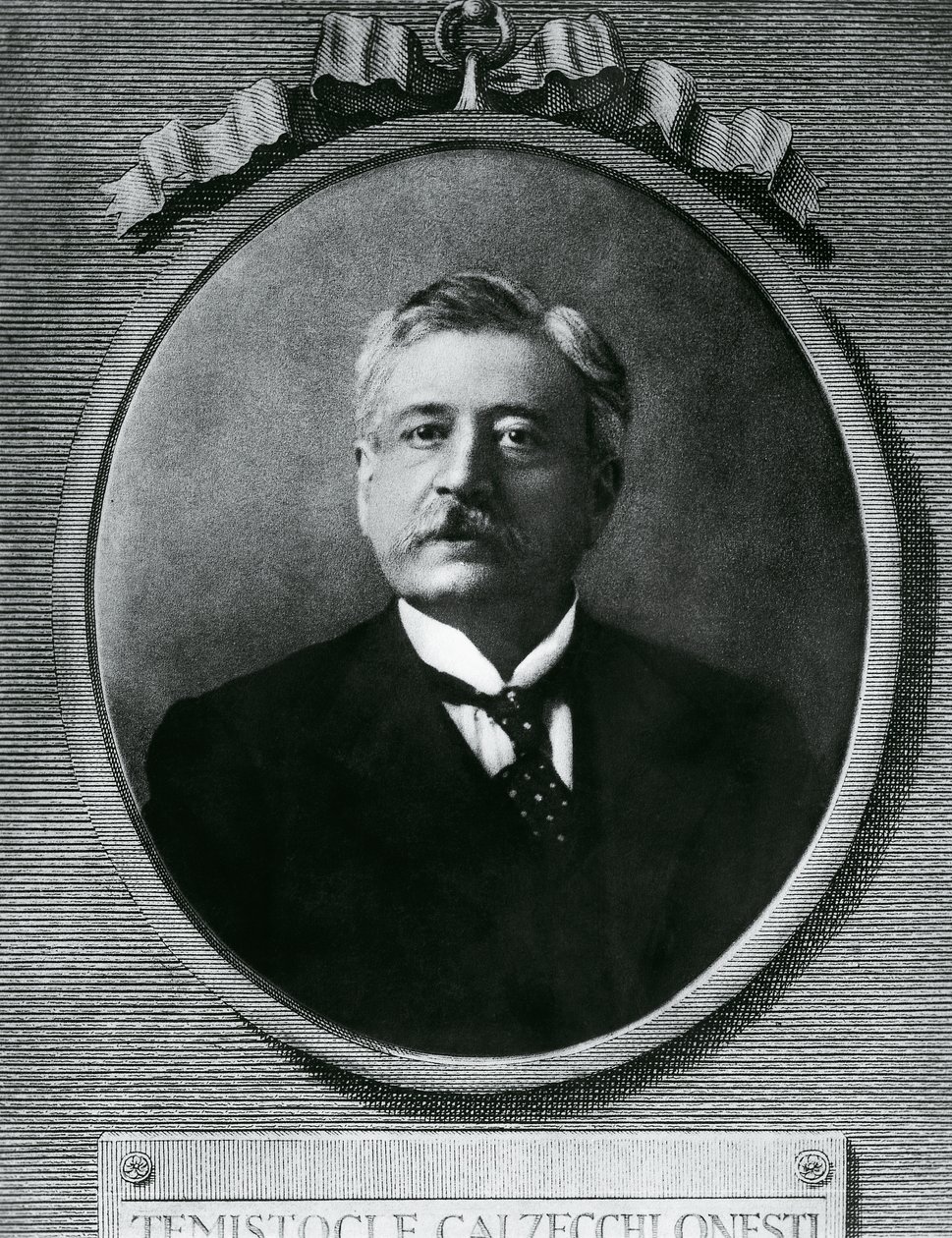 意大利物理学家和发明家Temistocle Calzecchi Onesti（1853-1922）的肖像，照片后的蚀刻画 作者 莱拉（当代艺术家）沙瓦