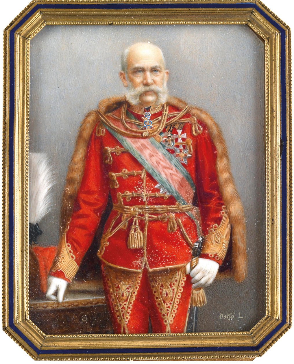 身着匈牙利制服的奥地利国王弗朗西斯·约瑟夫一世（1830-1916 年）的肖像。 拉约斯·奥斯科（Lajos Osko，1865-1922 年）的作品，水彩画和水粉画于号角上。 匈牙利艺术，学术艺术。 私人收藏。 作者 拉霍斯·奥斯科