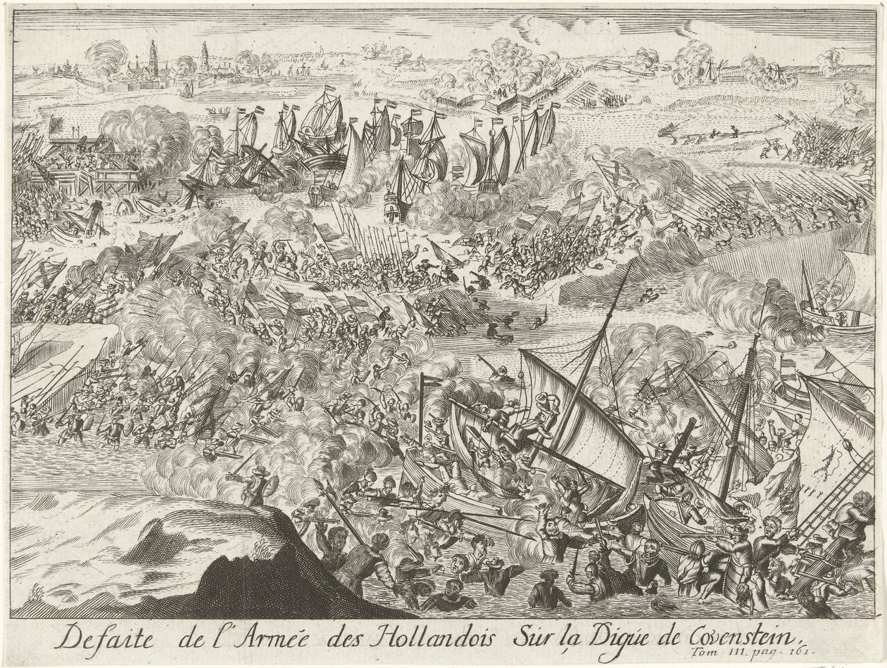 Strijd om de Kauwensteinse dijk，1585 年
荷兰军队在考文施泰因堤坝上的失败（标题见实物） 作者 兰伯瑞克因