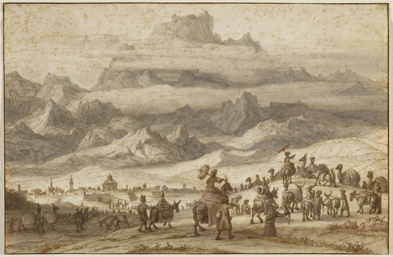 亚马逊山上的诺亚方舟，前景中埃里温市外的骆驼火车，c.1690（笔和棕色墨水，在纸上有棕色，灰色和黄色的水洗） 作者 兰伯特·杜默