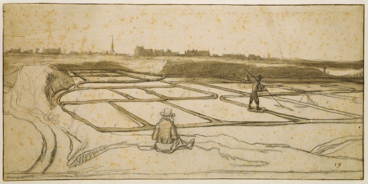 Le Croisic的盐矿，1645年（粉笔，钢笔和纸刷） 作者 兰伯特·杜默