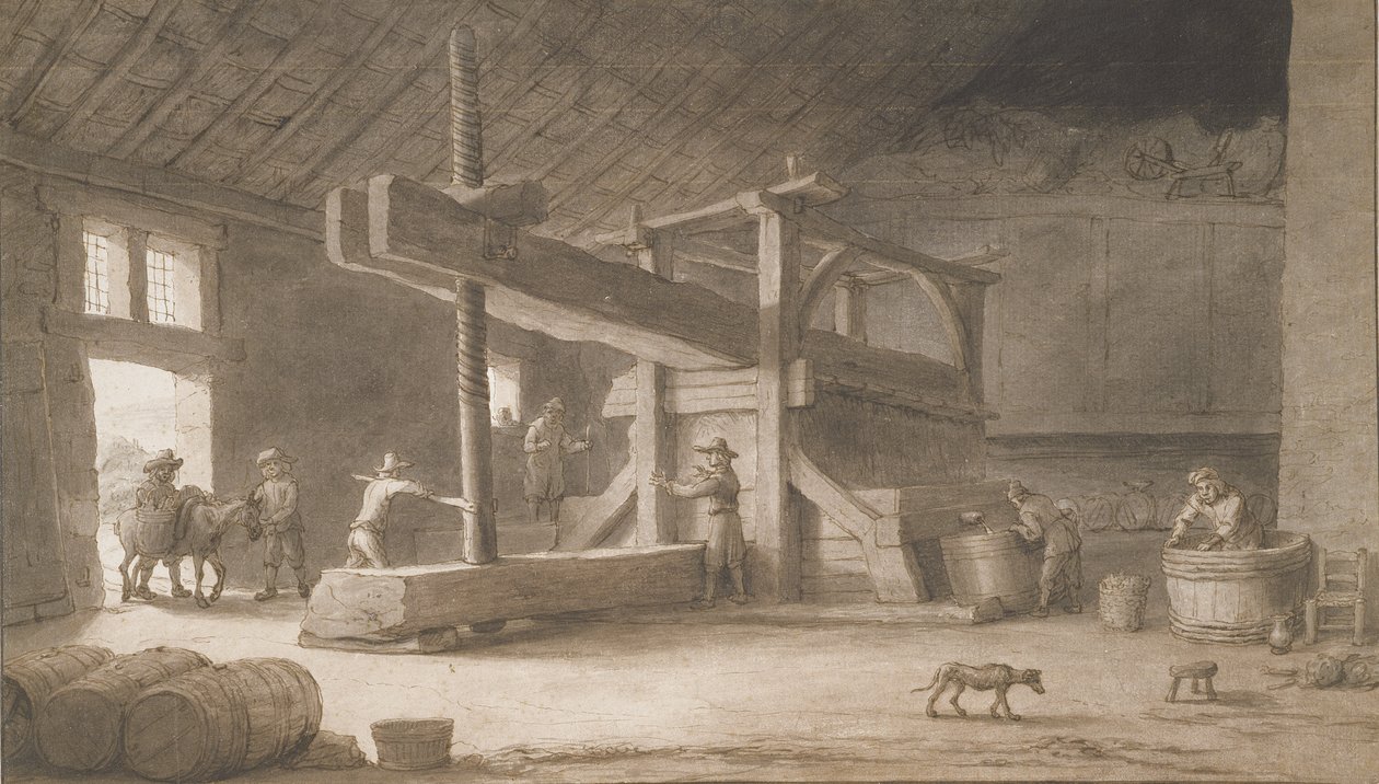 Monsitur Dittyl的Winepress，在Nantes外面，c.1670（笔和墨水在纸上洗） 作者 兰伯特·杜默