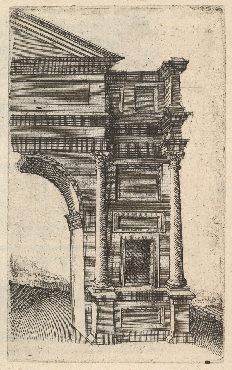 一座拱门的一半[Porta Antonae]，来自 "Ruinarum variarum fabricarum delineatione... "系列，1554。 作者 兰伯特·苏维乌斯