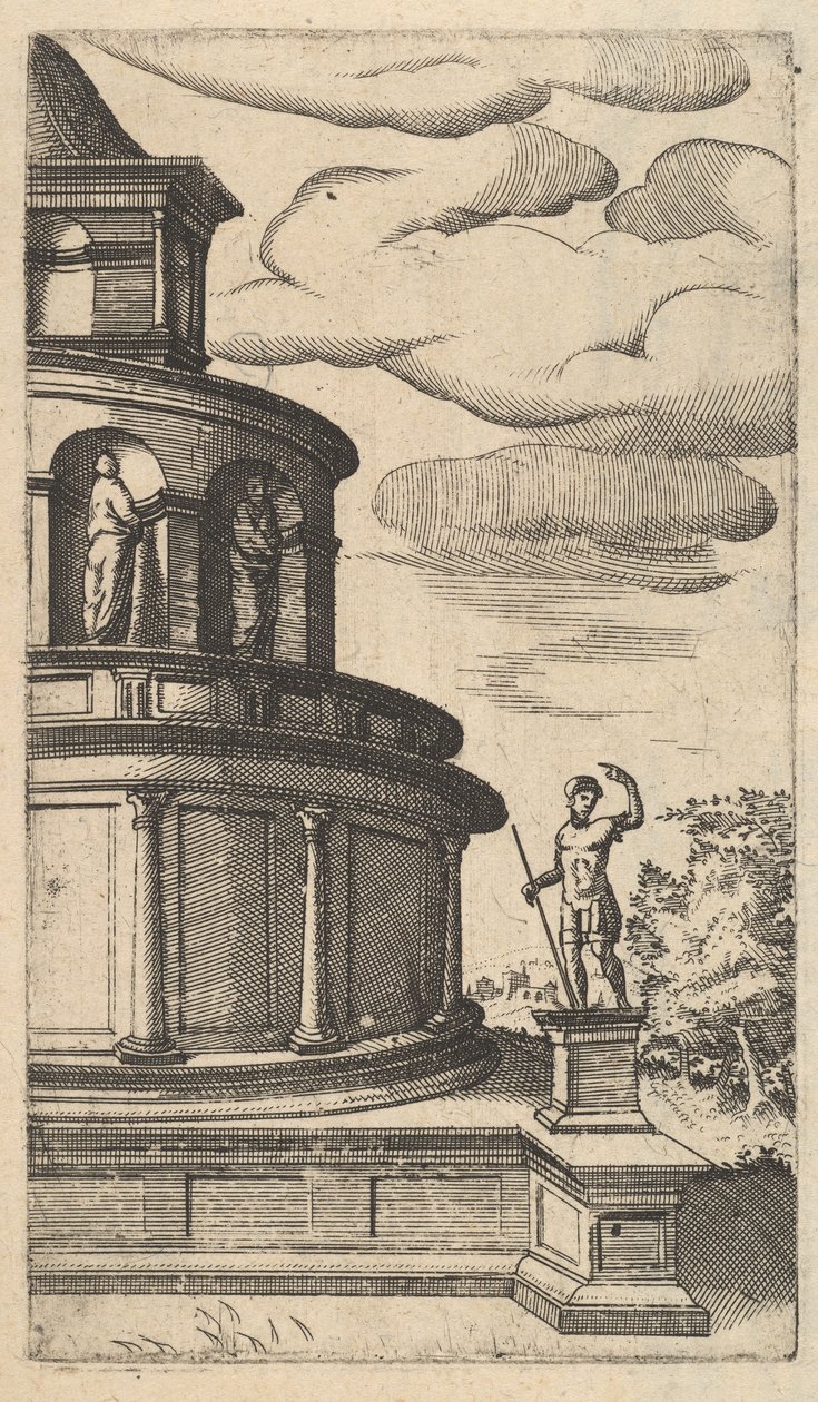 建筑物[Sepulchrum Adriani]的局部视图，来自 "Ruinarum variarum fabrica... "系列，1554。 作者 兰伯特·苏维乌斯