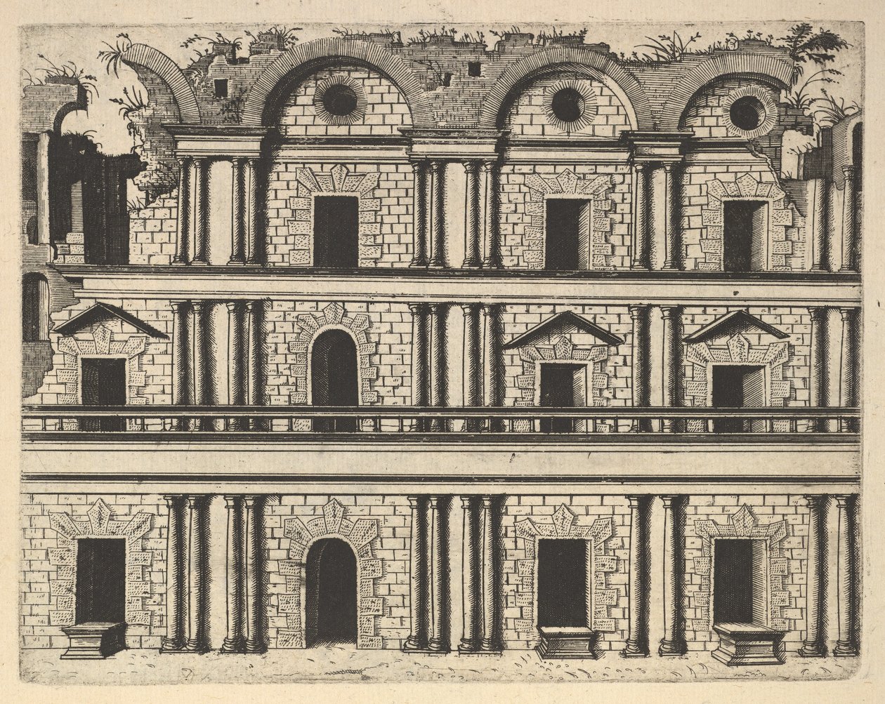 宫殿外墙的废墟[Palatium M. Agrippa]，来自 "Ruinarum variarum fabricaru... "系列，1554。 作者 兰伯特·苏维乌斯