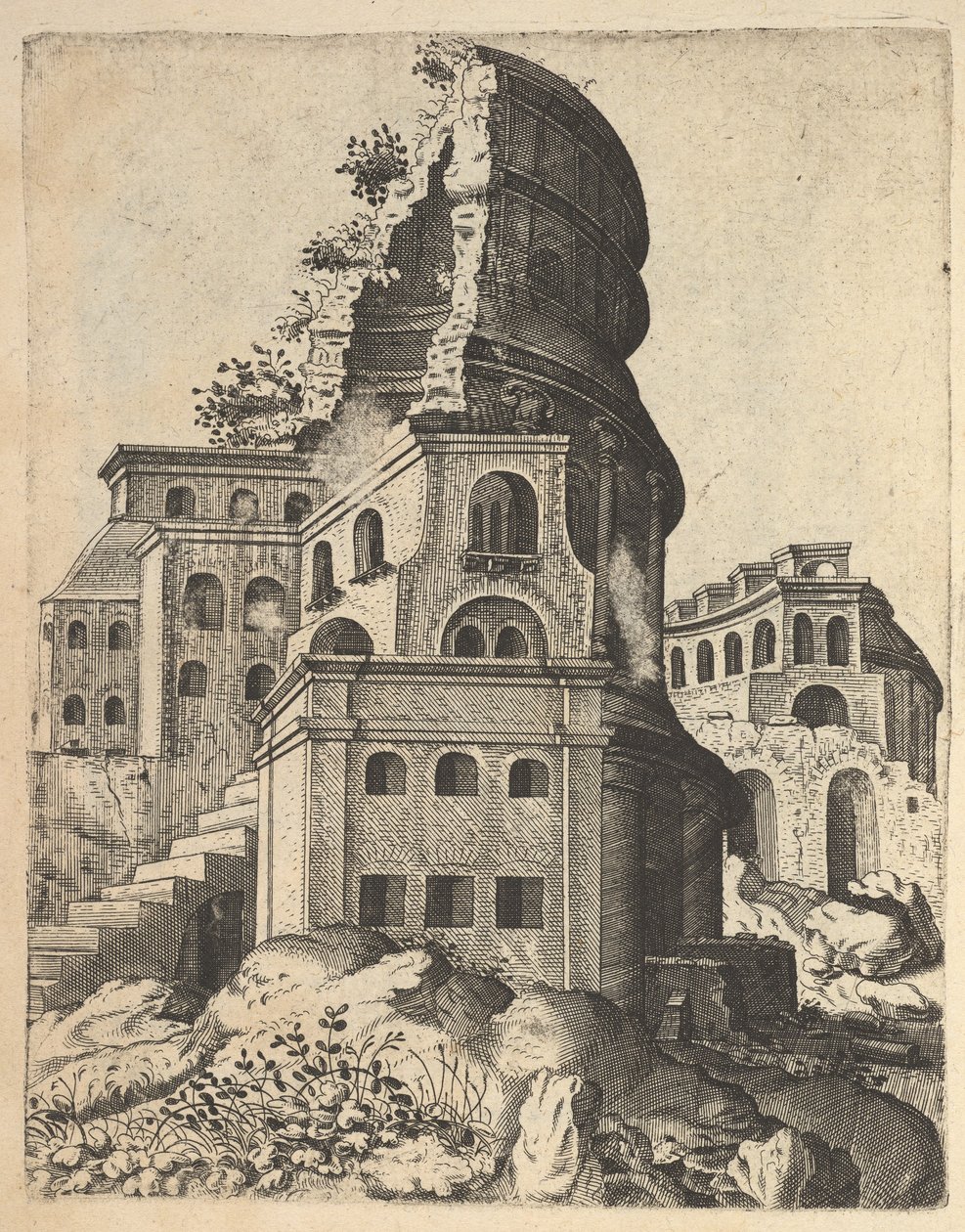 垂直景观与维纳斯和罗马神庙的废墟，来自 "Ruinar... "系列，1554。 作者 兰伯特·苏维乌斯