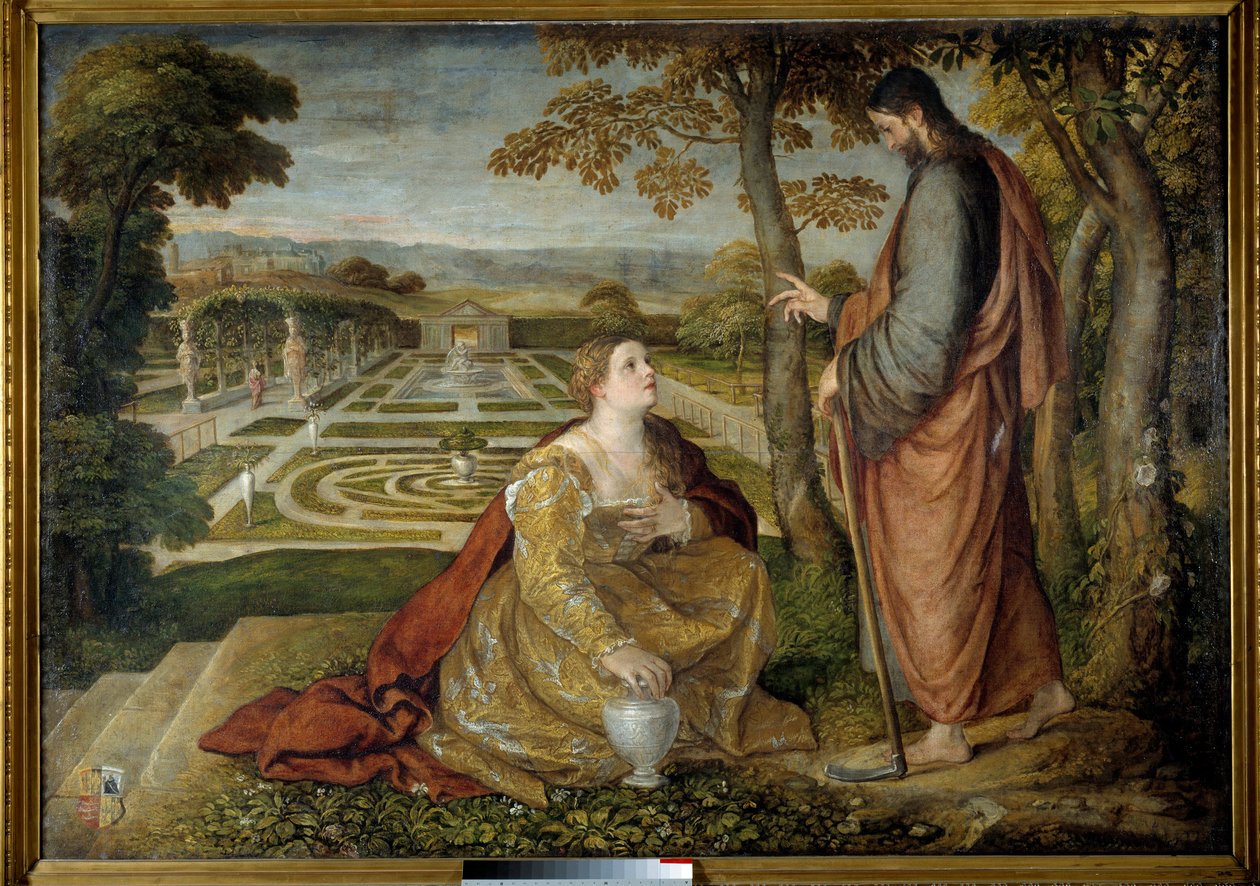 Noli Me Tangere Christ 和抹大拉的玛丽亚。 Lambert Sustris (1515-1568) 的绘画 作者 兰伯特·斯特里斯（Lambert Sustris）