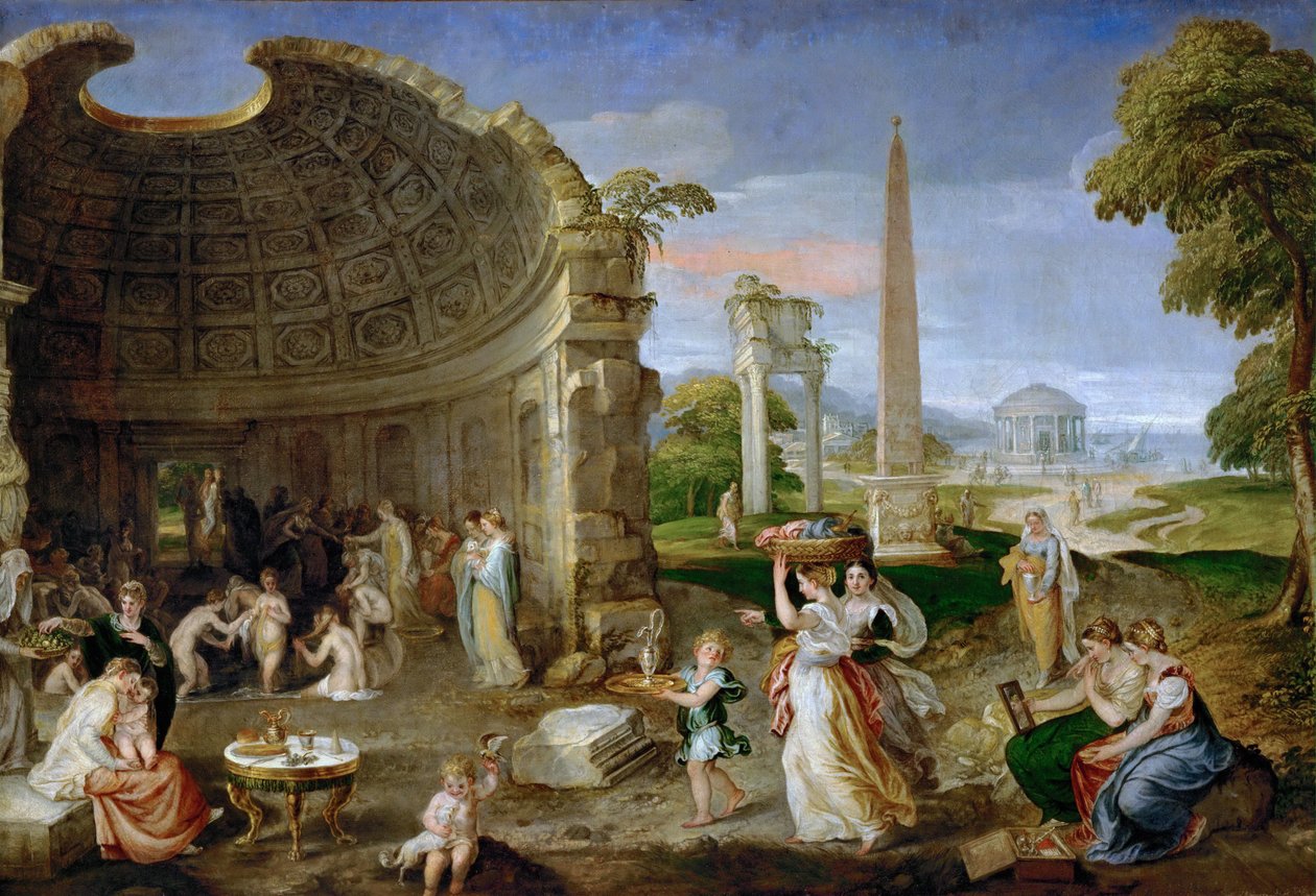 Paysage avec ruines antiques et femmes se baignant - Landscape with antique ruins and bathing women - Lambert Sustris (Alberto de Olanda) (1515/20-after 1591). Oil on canvas, ca 1552-1553. Dimension : 101x150 cm. Art History Museum, Vienne 作者 兰伯特·斯特里斯（Lambert Sustris）