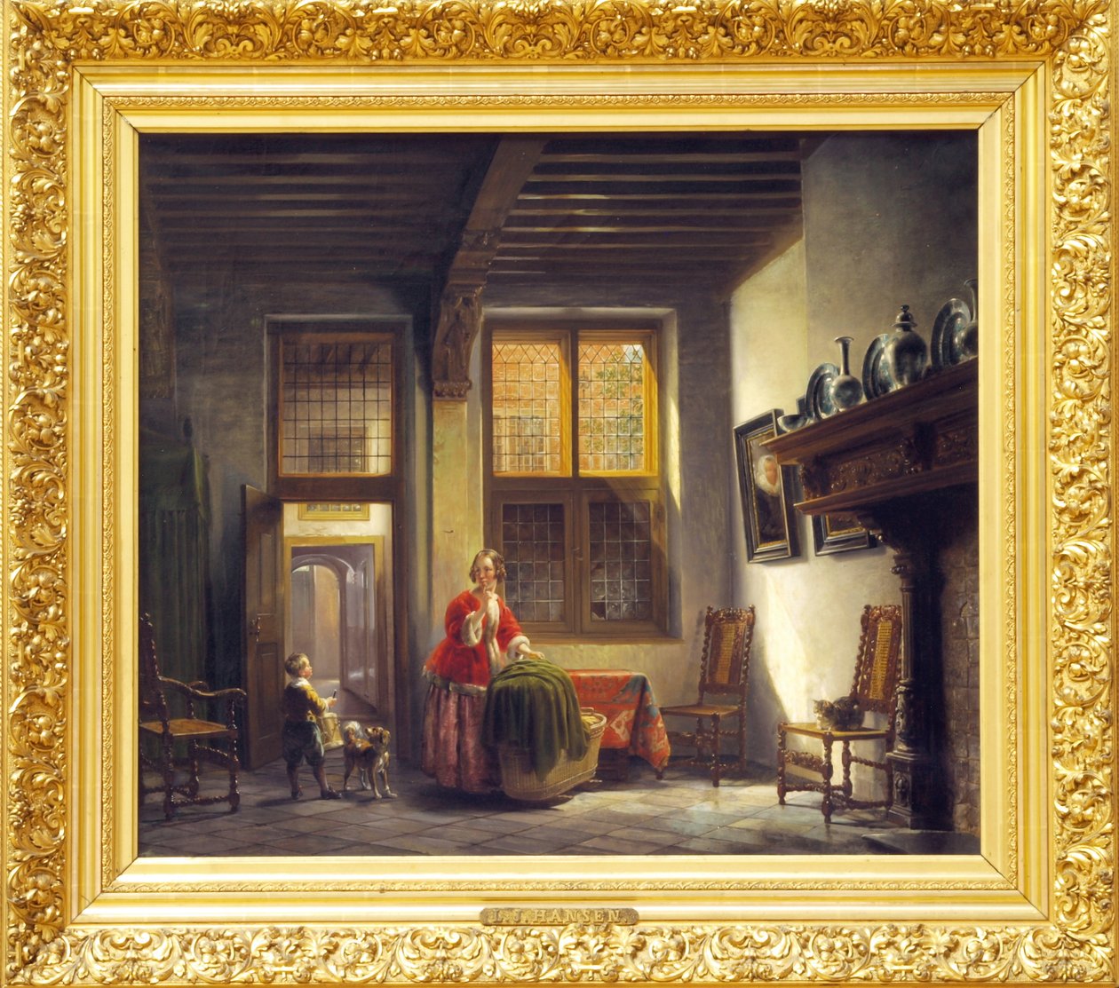 First name Interior With Woman And Child At A Staircase（第一名室内装饰与楼梯上的妇女和儿童 作者 兰伯特·约翰内斯·汉森
