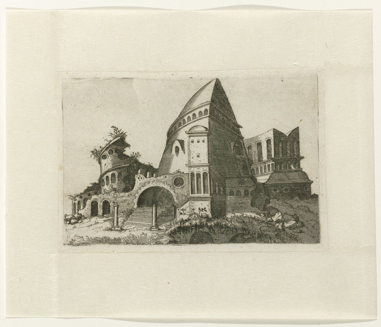Ruïne met piramidevormige toren
Ruinarum variarum fabricarum delineationes pictoribus caeterisque id genus artificibus multum utiles（丛书名） 作者 兰伯特·苏维乌斯（Lambertus Suavius）