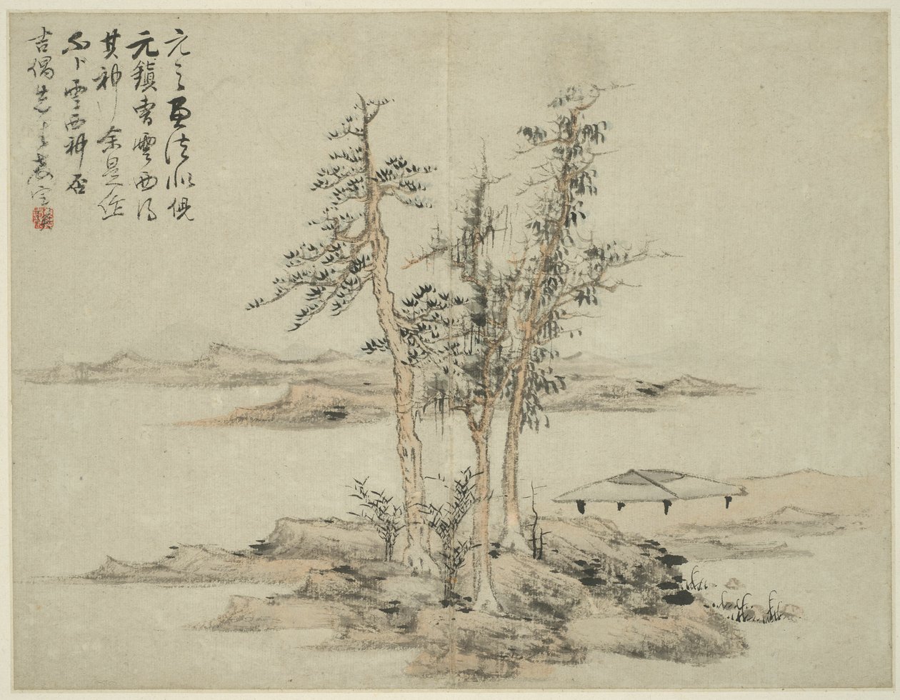 古代大师风格的山水画：倪瓒（1301-1374 年）、曹之波（1272-1355 年）之后的作品 作者 蓝鹰