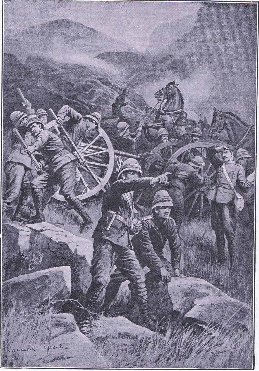 一把枪翻倒在山坡上，来自比勒陀利亚：游击队战争由Harmsworth Bros Limited出版，1901年 作者 兰斯洛特速度