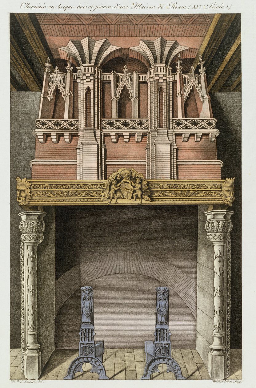 烟囱来自鲁昂的一座15世纪的房子，来自Monuments Francais，Amedee Peree的石版画，1839年 作者 Langlois E.